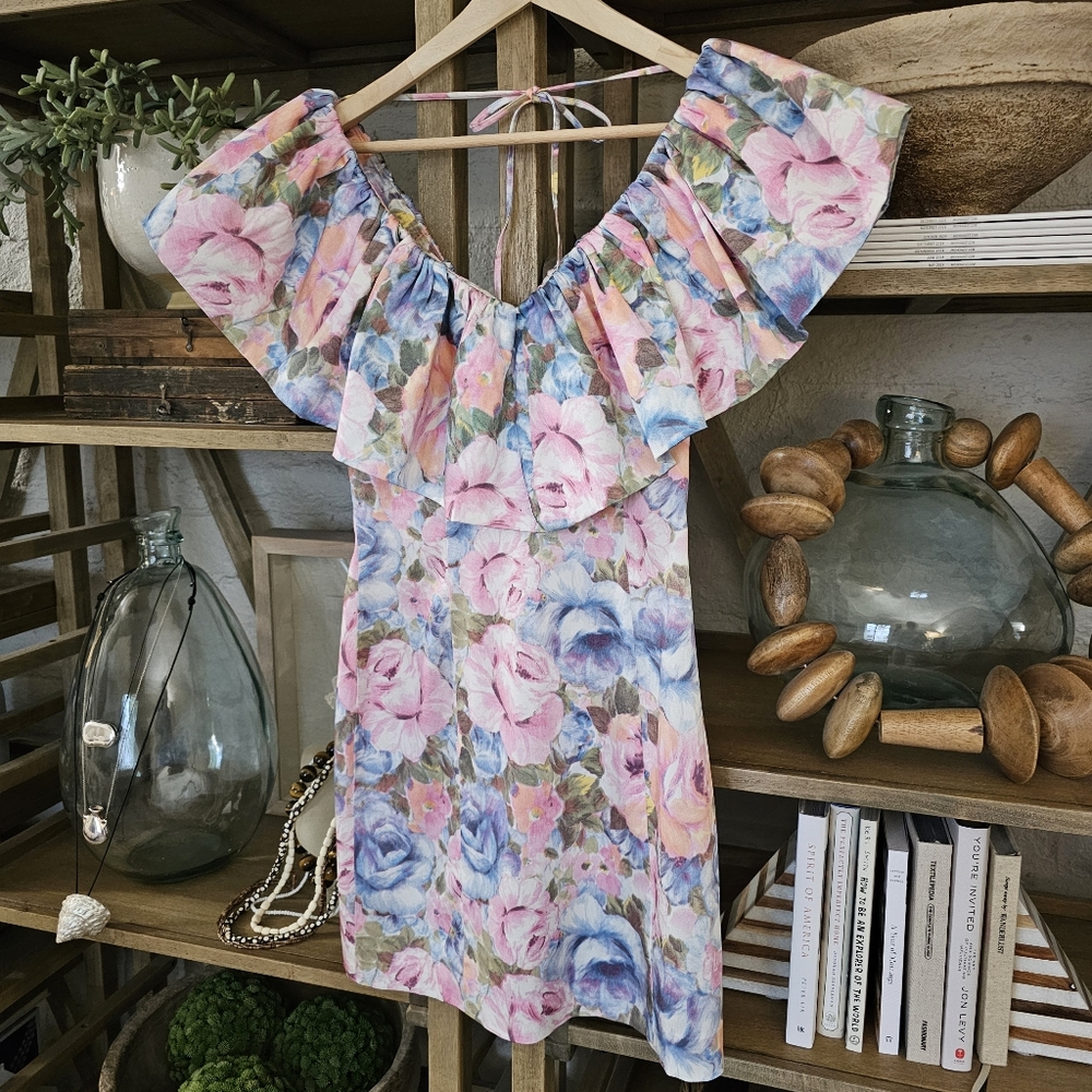 & Other Stories Floral Ruffle Mini Dress Pink & Blue Off-Shoulder Party - Picture 7 of 12